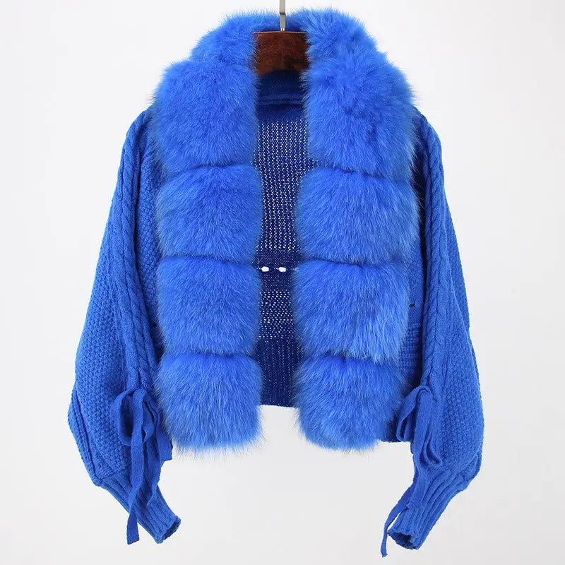 Women Short Warm Loose Knitted Jacket with Natural Fur Placket Coat Nexellus