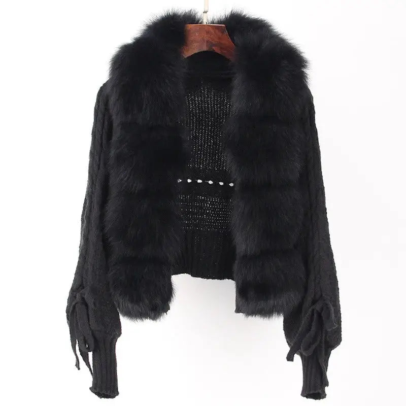 Women Short Warm Loose Knitted Jacket with Natural Fur Placket Coat Nexellus