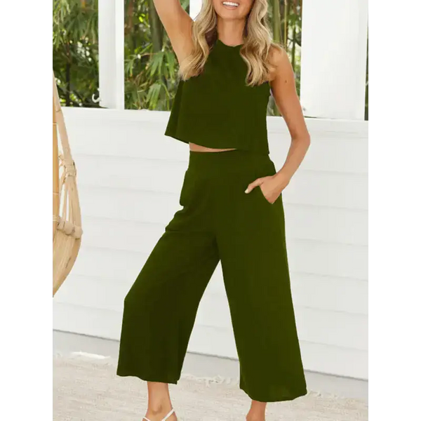 Women's casual sleeveless button-down vest cropped wide-leg pants Nexellus