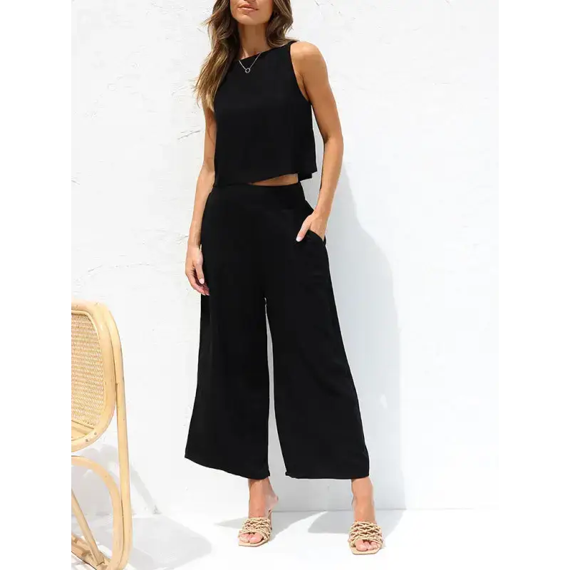 Women's casual sleeveless button-down vest cropped wide-leg pants Nexellus