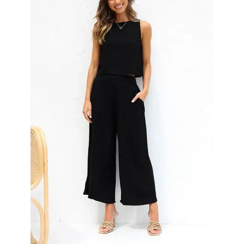 Women's casual sleeveless button-down vest cropped wide-leg pants Nexellus