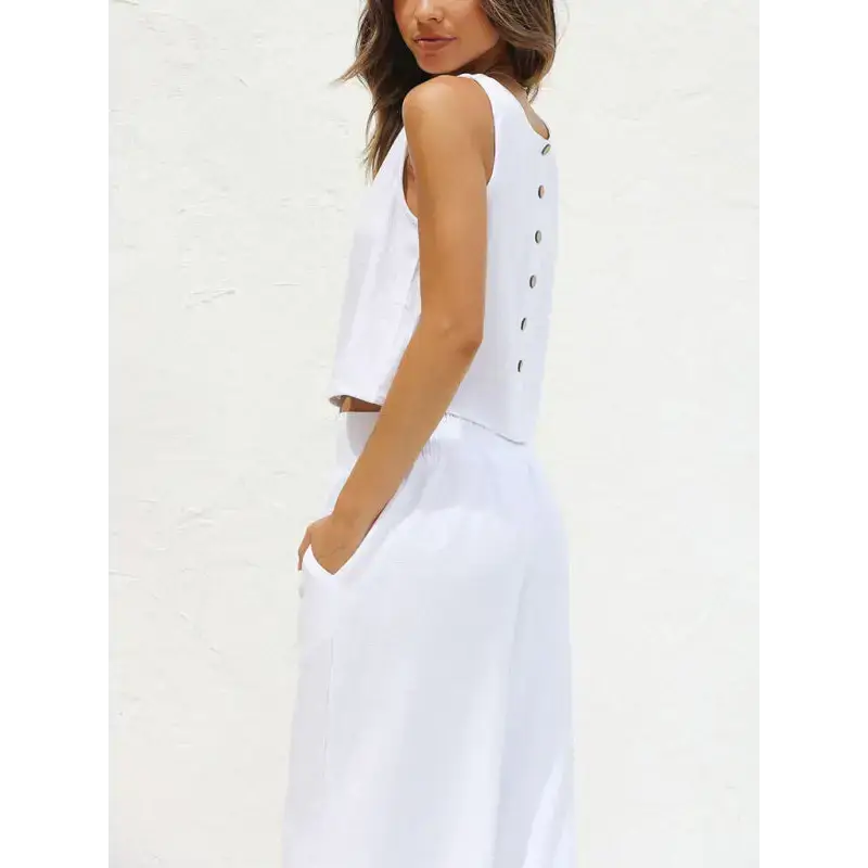 Women's casual sleeveless button-down vest cropped wide-leg pants Nexellus