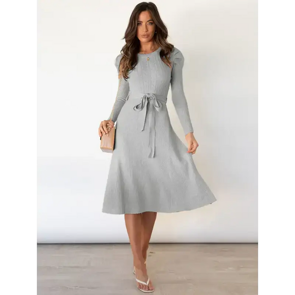 Women's crew neck ruffle cable knit sweater midi dress Nexellus