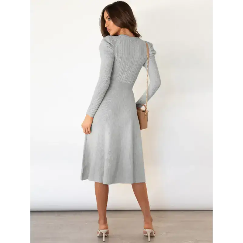 Women's crew neck ruffle cable knit sweater midi dress Nexellus