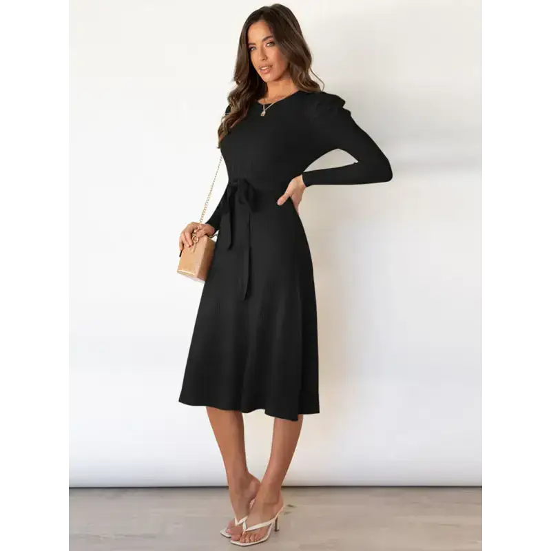 Women's crew neck ruffle cable knit sweater midi dress Nexellus