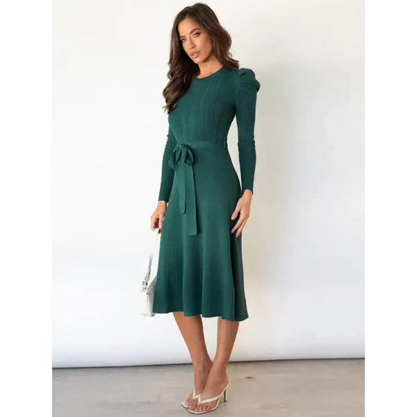 Women's crew neck ruffle cable knit sweater midi dress Nexellus