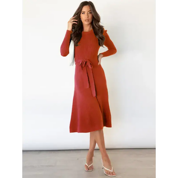 Women's crew neck ruffle cable knit sweater midi dress Nexellus