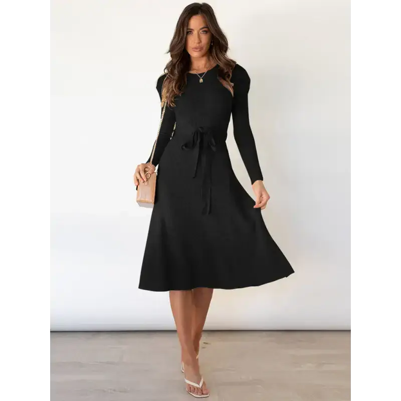 Women's crew neck ruffle cable knit sweater midi dress Nexellus