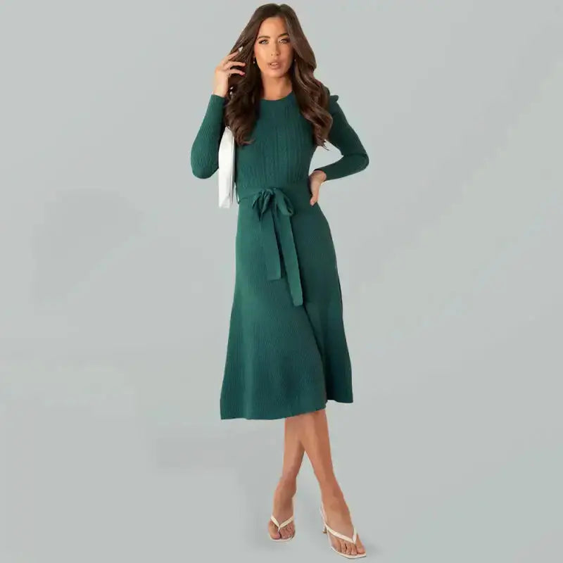 Women's crew neck ruffle cable knit sweater midi dress Nexellus