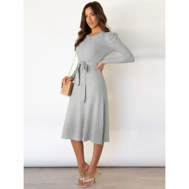 Women's crew neck ruffle cable knit sweater midi dress Nexellus