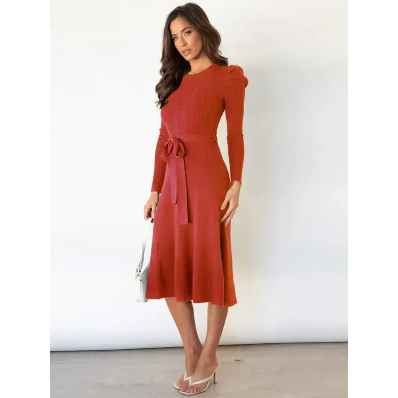 Women's crew neck ruffle cable knit sweater midi dress Nexellus