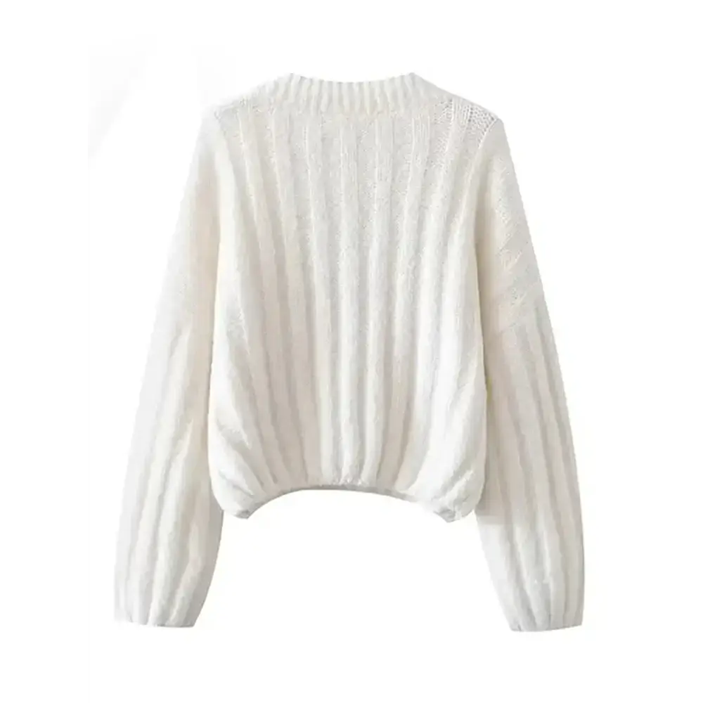 Women's knitted pullover v-neck lantern long sleeve solid color loose Nexellus