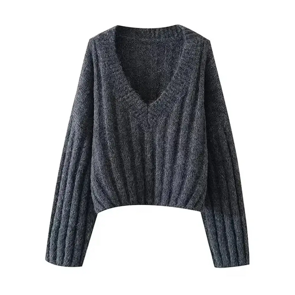 Women's knitted pullover v-neck lantern long sleeve solid color loose Nexellus