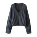 Women's knitted pullover v-neck lantern long sleeve solid color loose Nexellus