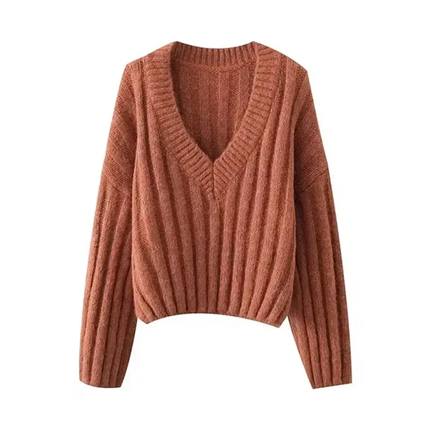 Women's knitted pullover v-neck lantern long sleeve solid color loose Nexellus