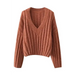 Women's knitted pullover v-neck lantern long sleeve solid color loose Nexellus