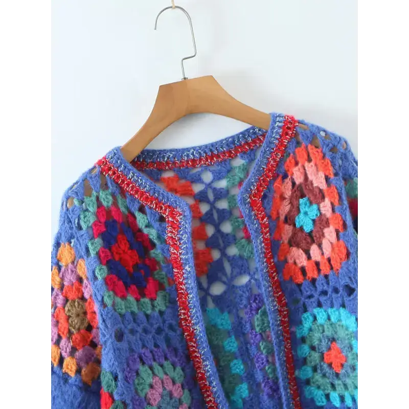 Women's loose color block crochet cardigan Nexellus