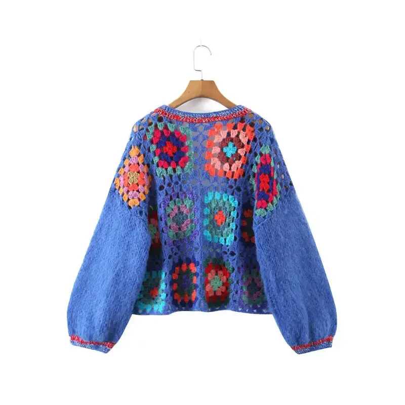 Women's loose color block crochet cardigan Nexellus