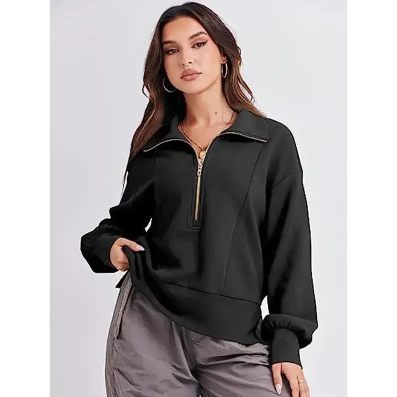 Women's loose zipper neck long sleeve sweatshirt top Nexellus