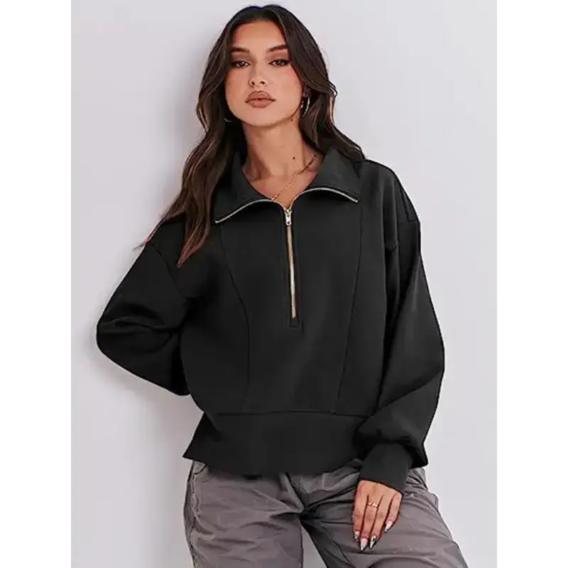 Women's loose zipper neck long sleeve sweatshirt top Nexellus