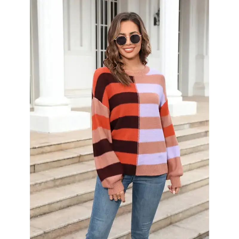 Women's patchwork striped contrasting crew neck sweater pullover Nexellus