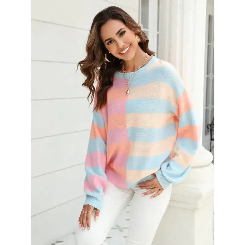 Women's patchwork striped contrasting crew neck sweater pullover Nexellus