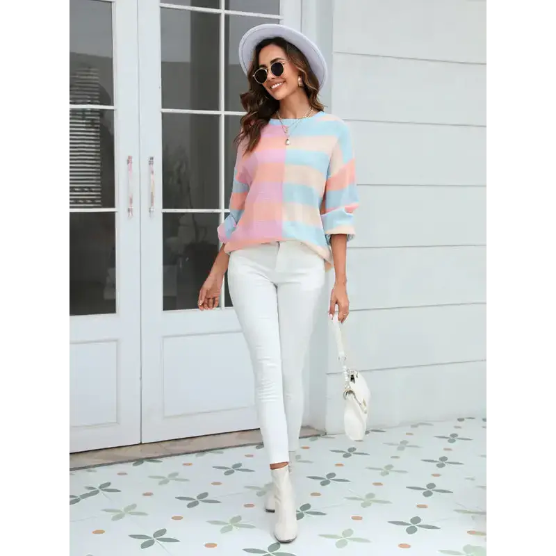 Women's patchwork striped contrasting crew neck sweater pullover Nexellus