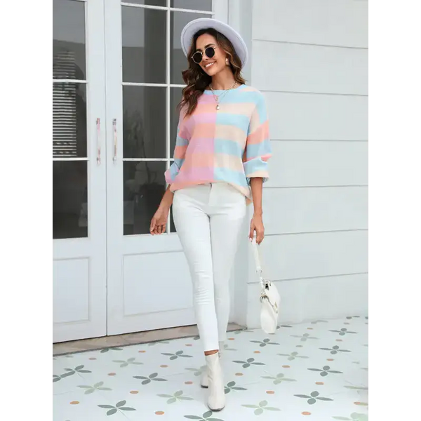 Women's patchwork striped contrasting crew neck sweater pullover Nexellus