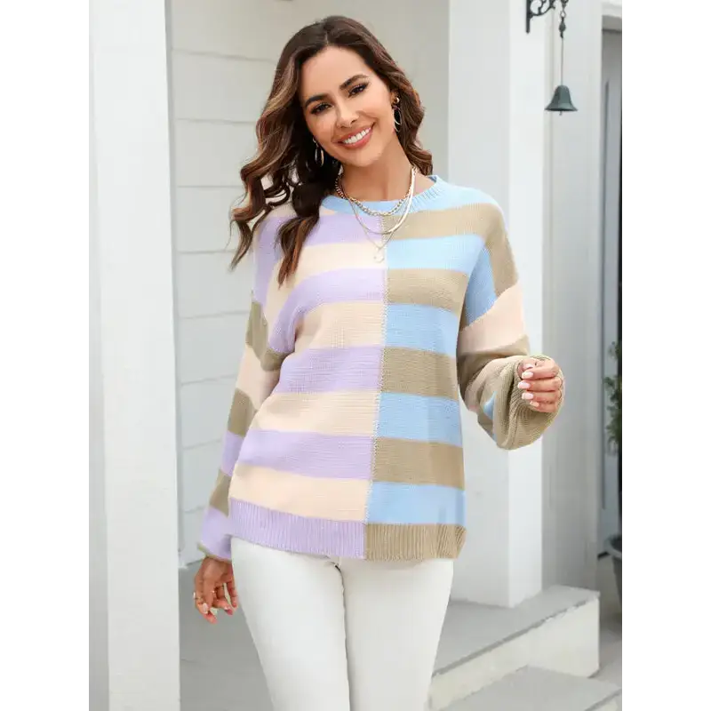 Women's patchwork striped contrasting crew neck sweater pullover Nexellus