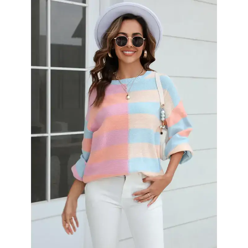 Women's patchwork striped contrasting crew neck sweater pullover Nexellus