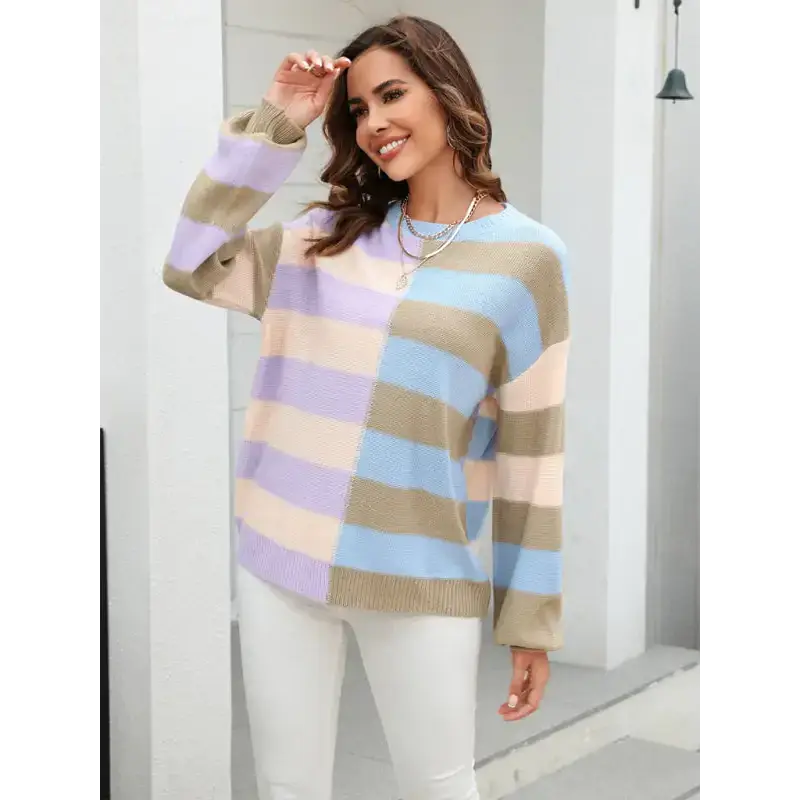 Women's patchwork striped contrasting crew neck sweater pullover Nexellus