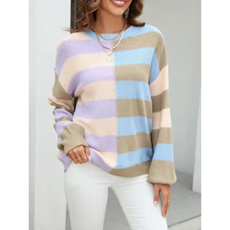 Women's patchwork striped contrasting crew neck sweater pullover Nexellus