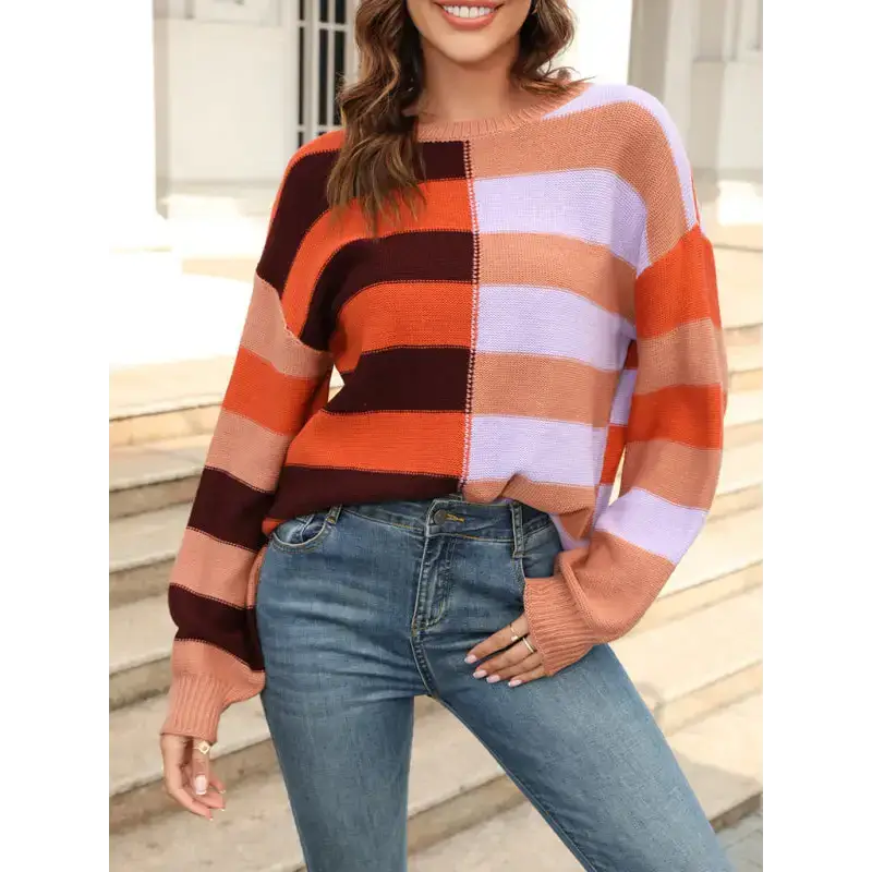 Women's patchwork striped contrasting crew neck sweater pullover Nexellus