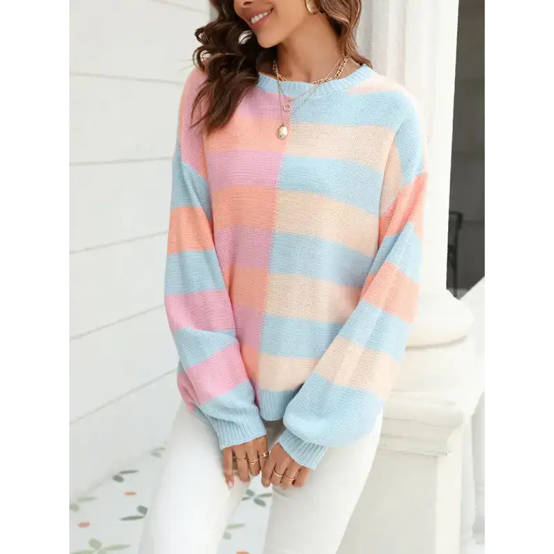 Women's patchwork striped contrasting crew neck sweater pullover Nexellus