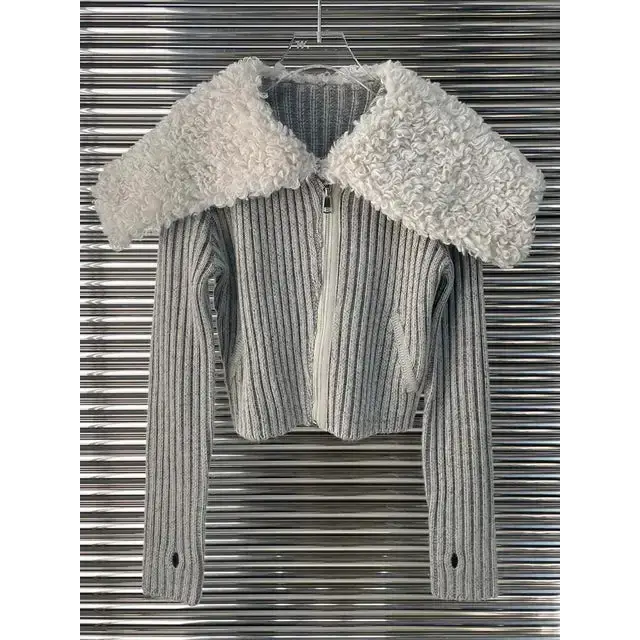 Women's plush neck striped knitted cardigan Nexellus