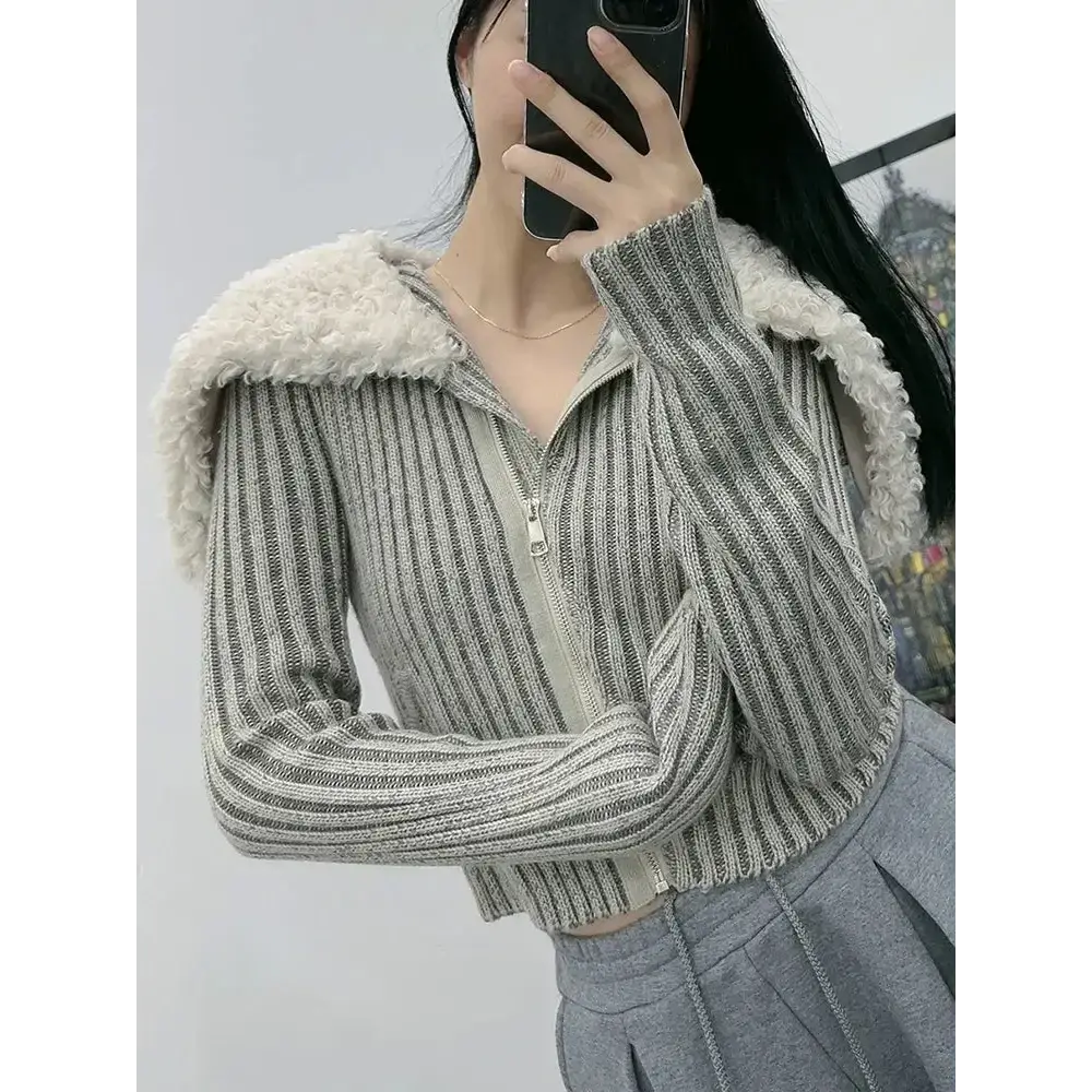 Women's plush neck striped knitted cardigan Nexellus