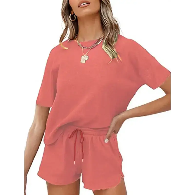 Women's short sleeve loungewear solid color casual waffle two-piece Nexellus