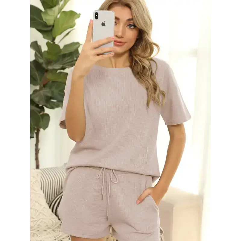 Women's short sleeve loungewear solid color casual waffle two-piece Nexellus