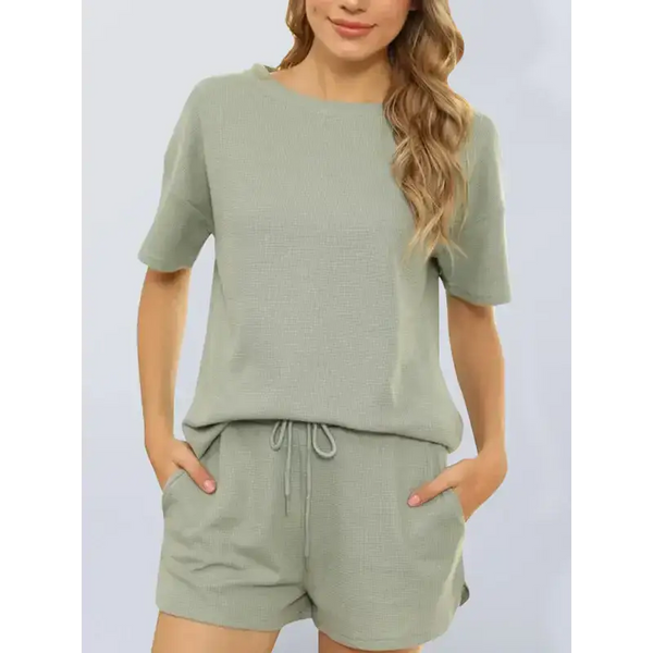 Women's short sleeve loungewear solid color casual waffle two-piece Nexellus