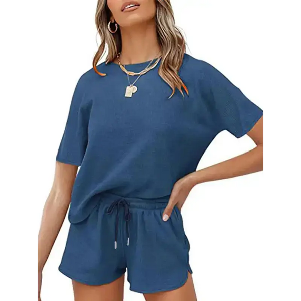 Women's short sleeve loungewear solid color casual waffle two-piece Nexellus