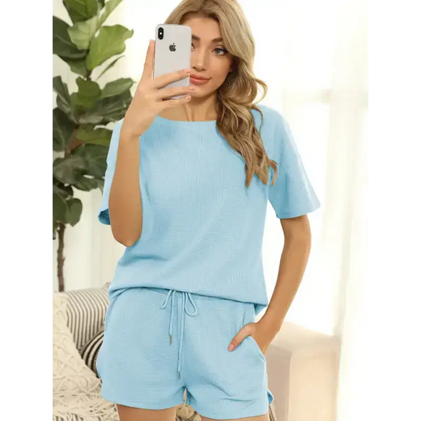 Women's short sleeve loungewear solid color casual waffle two-piece Nexellus