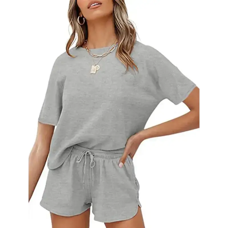 Women's short sleeve loungewear solid color casual waffle two-piece Nexellus