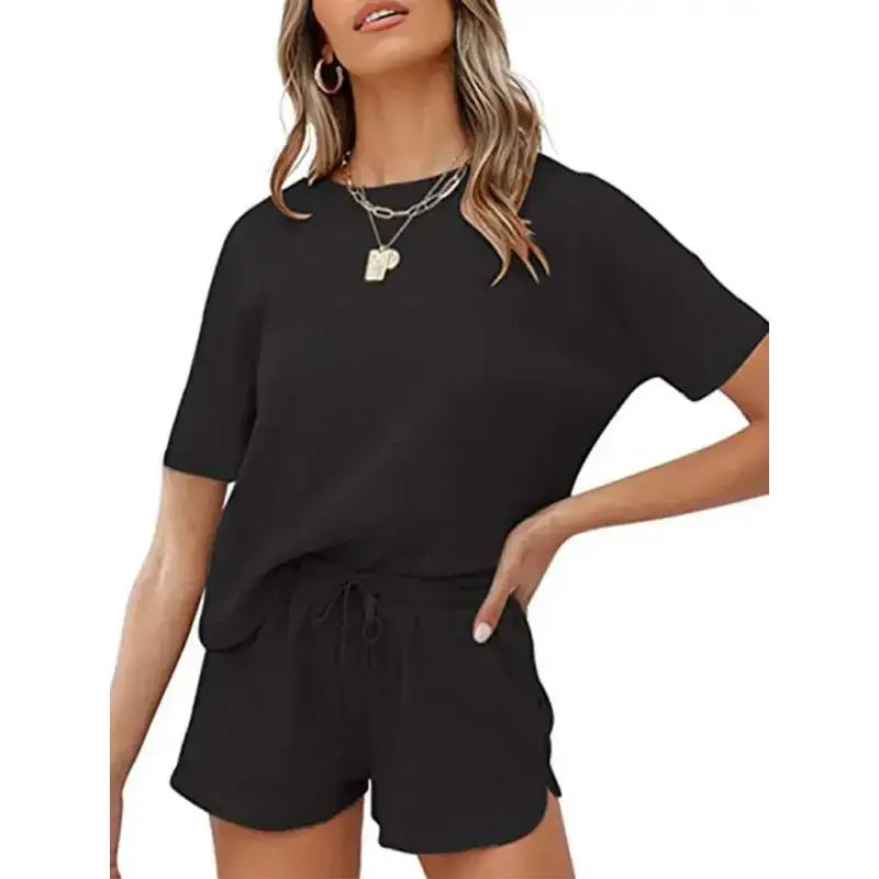 Women's short sleeve loungewear solid color casual waffle two-piece Nexellus