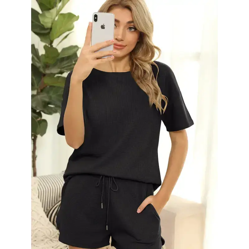 Women's short sleeve loungewear solid color casual waffle two-piece Nexellus