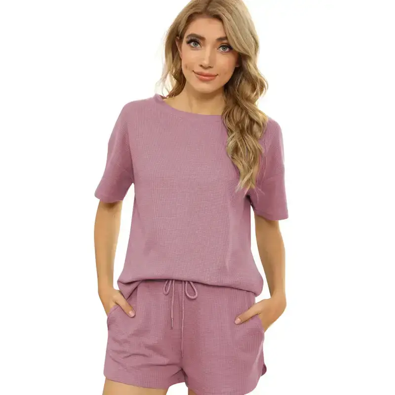 Women's short sleeve loungewear solid color casual waffle two-piece Nexellus