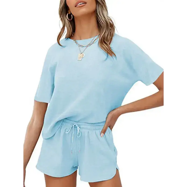 Women's short sleeve loungewear solid color casual waffle two-piece Nexellus