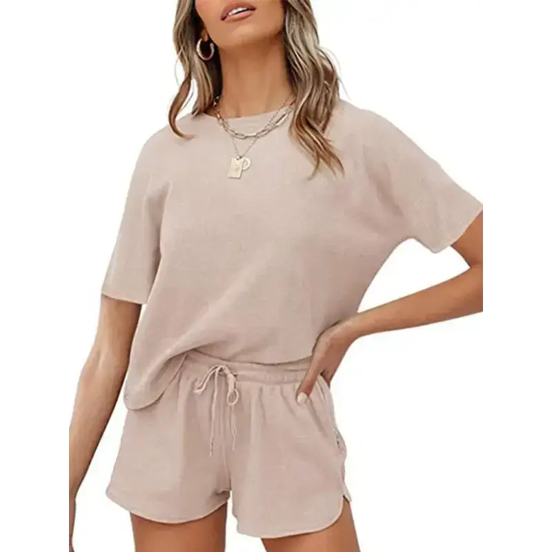 Women's short sleeve loungewear solid color casual waffle two-piece Nexellus