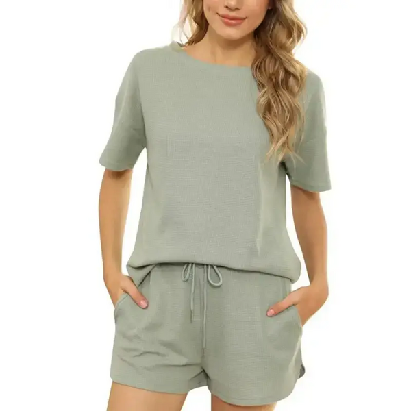 Women's short sleeve loungewear solid color casual waffle two-piece Nexellus