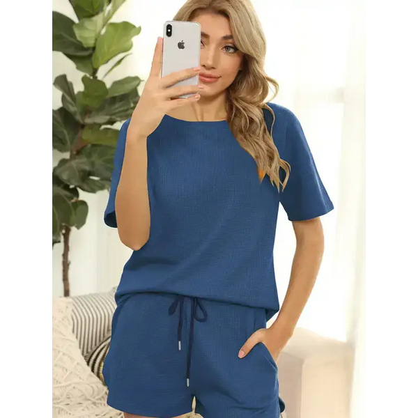 Women's short sleeve loungewear solid color casual waffle two-piece Nexellus