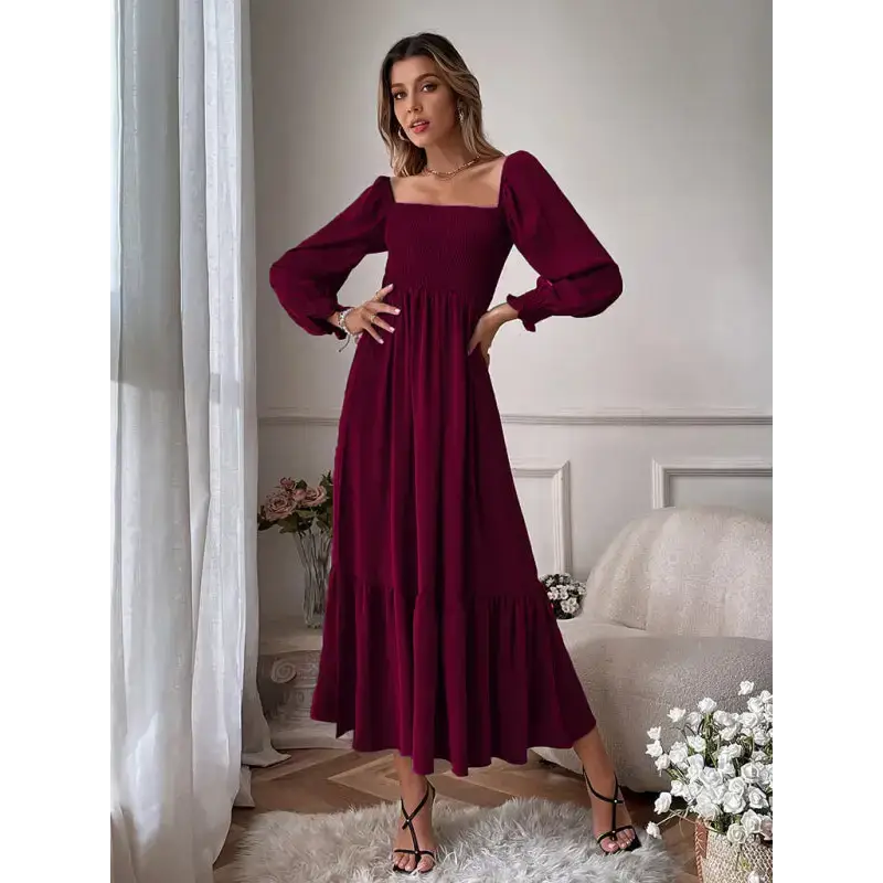 Women's solid color smocked long sleeve tiered maxi dress Nexellus